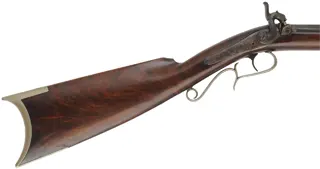 Antique Halfstock Rifle
.36 caliber, 30" octagon-to-round barrel,
figured walnut, nickel silver trim, back action percussion lock,
signed H.R. Thompson Jackson Mich.
